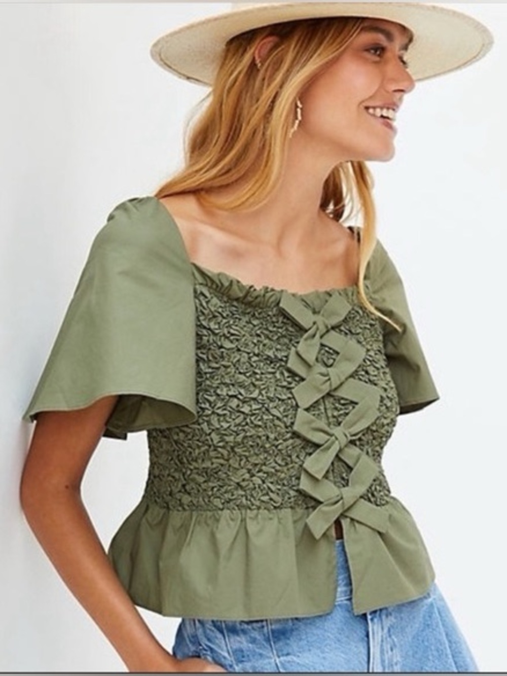 Anthropologie Mare Mare Smocked Bow-Tie Tank Green